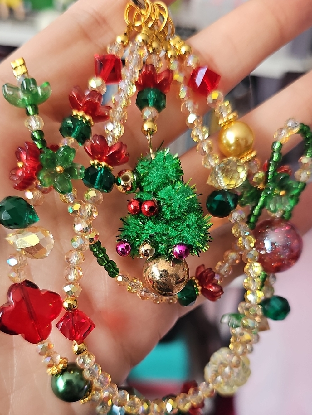 Festive Green Beaded Christmas Tree Phone Charm